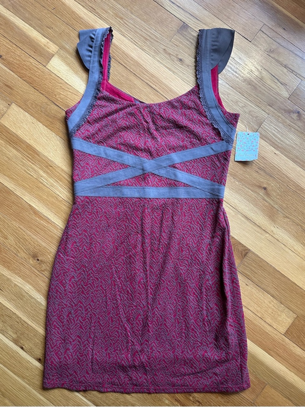 Free People Red‎ Knit Mini Dress with Brown Trim